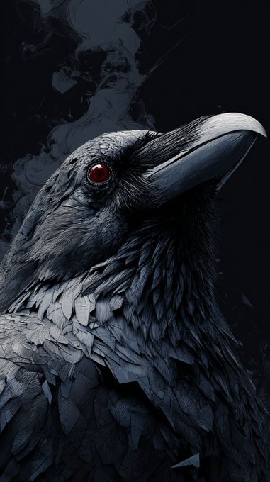 A dark, highly detailed fantasy illustration depicts a black raven or crow with layered feathers and an intense glowing red eye amid smoky shadows.