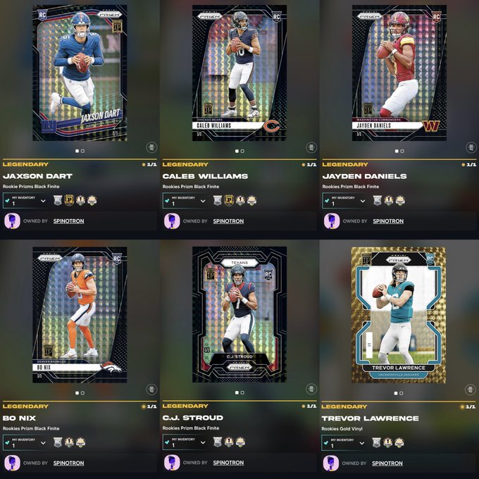 A grid of six Panini digital collectible cards featuring NFL rookie quarterbacks Jaxson Dart, Caleb Williams, Jayden Daniels, Bo Nix, C.J. Stroud, and Trevor Lawrence, all owned by "sp1notron."