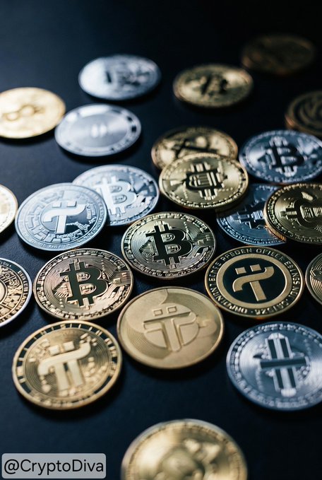 A collection of gold and silver physical Bitcoin and Pi Network cryptocurrency coins scattered across a dark surface, with the Pi Network coins featuring "PEER TO PEER DIGITAL CURRENCY" text around the edges, visually reinforcing the post's focus on Bitcoin's strength potentially fueling an altcoin rotation toward Pi Network.
