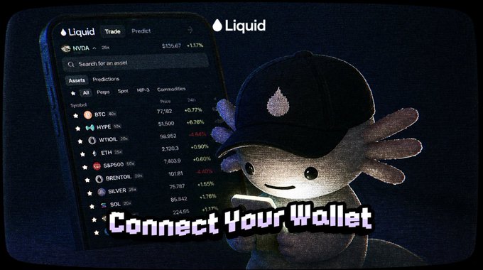 The image features a cartoon character, possibly an amphibian or a small fish-like creature, wearing a baseball cap with a logo on it. The character appears to be holding a cell phone that displays information about Liquid, such as its trading platform and the currency it supports. The text in the image encourages users to connect their wallet to Liquid's cryptocurrency exchange services by providing instructions for how to do so.