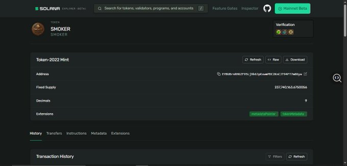 Screenshot of the Solana Explorer beta interface displaying token details for 'Token-2022 Mint' labeled as $MOKER, showing its address, fixed supply of 237,140,163,675,006, and 9 decimals.