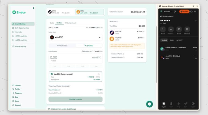 A screenshot of a cryptocurrency interface showing 'Ender' and 'Xverse: Bitcoin Crypto Wallet' with options for Liquid Staking and DeFi opportunities, displaying assets like ZK and BTC.