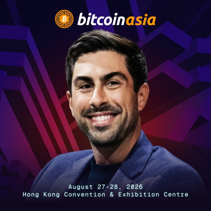 A promotional poster for 'bitcoin asia' featuring a smiling man in a blue blazer against a purple and red geometric background, advertising the event on August 27-28, 2026 at the Hong Kong Convention & Exhibition Centre.