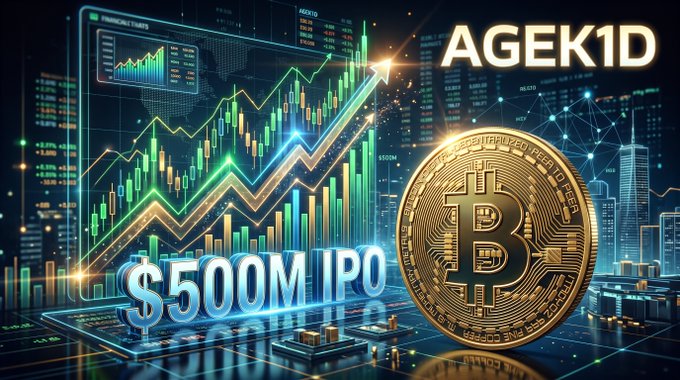 A financial graphic showing a Bitcoin alongside a stock chart with the text "AGEK1D" and "$500M IPO", set against a city skyline.