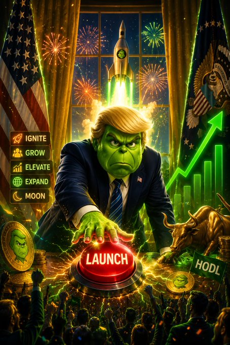 The image features a green-skinned, anthropomorphic character named GRUPP who appears to be pushing a red button labeled "LUNCH" with his hand. The scene takes place around a group of people gathered at a table, where there are various objects such as a gold coin and a bull's eye. The background includes an American flag and a rocket ship, suggesting that the image is related to a political or economic event. The post also mentions Bitcoin and Ethereum, which could be related to the cryptocurrency market.