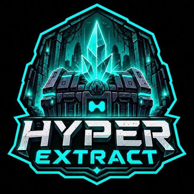 A gaming-style logo for 'HYPER EXTRACT' featuring metallic text and a glowing cyan crystal above a sci-fi mechanical structure.