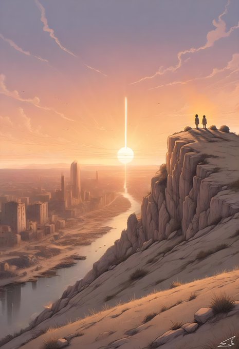 A digital illustration depicts two silhouetted figures standing on a rocky cliff overlooking a river and cityscape, with a bright sun and vertical light beam on the horizon at sunset.