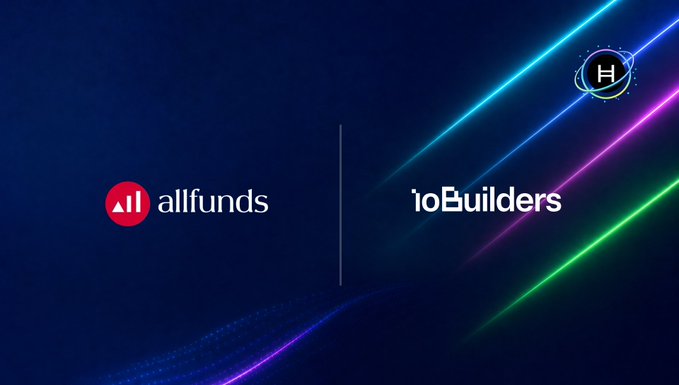 Allfunds and ioBuilders logos displayed side by side on a dark background with neon accents, visually representing the post's announcement of their partnership on the Harmonia tokenization initiative powered by ioBuilders' Asseto platform.