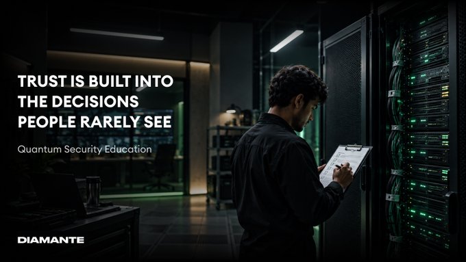 A man in a black shirt reviews data on a clipboard while standing beside racks of servers with glowing green lights in a dimly lit data center. Bold white text reads "TRUST IS BUILT INTO THE DECISIONS PEOPLE RARELY SEE" alongside "Quantum Security Education," with the "DIAMANTE" logo displayed in the bottom left—visually reinforcing the post's message about the hidden cryptographic foundations underlying today's digital infrastructure and the quiet decisions shaping quantum-era security.