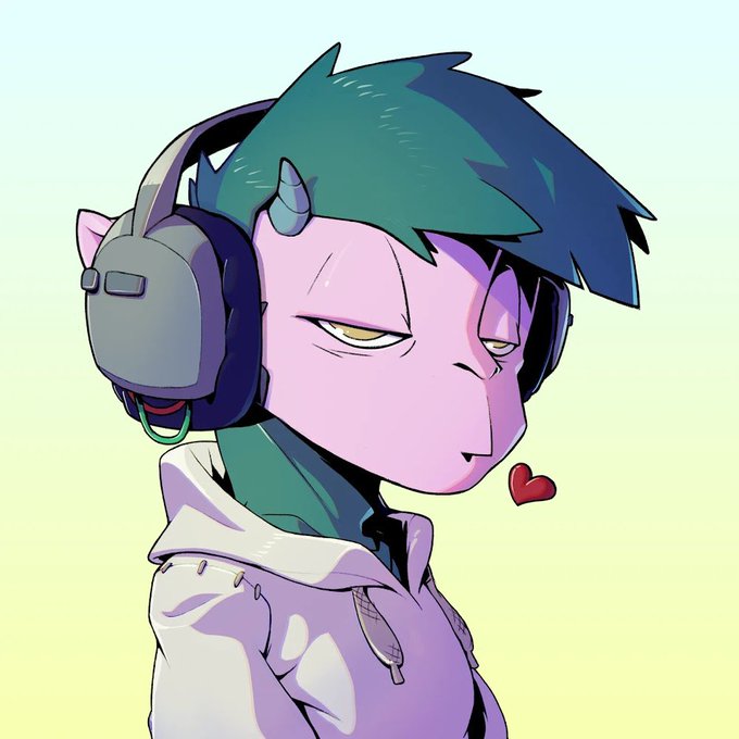 An anime-style illustration of a purple-skinned character with teal hair, small horns, large headphones, and cat ears, with a small red heart beside them.