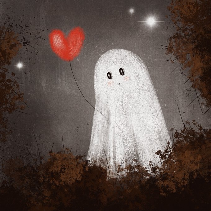 An illustration of a cute white ghost with blushing cheeks holding a red heart-shaped balloon in a moody, atmospheric setting.