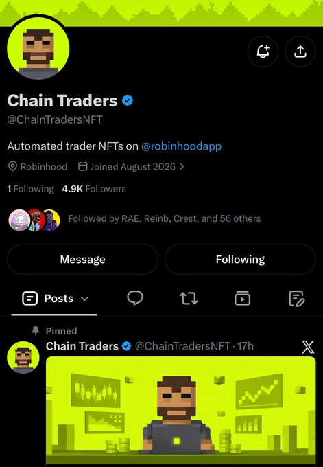 A Twitter/X profile page for the verified "Chain Traders" account (@ChainTradersNFT), which describes itself as "Automated trader NFTs on @robinhoodapp" with 4.9K followers, accompanied by a pinned tweet featuring pixel art of a bearded trader with the text "Got some @ChainTradersNFT spots for my communities. Thanks to the team for the allocation. Let's cook." The image shows the account where the user obtained their allocation spots for the Chain Traders NFT project on Robinhood.