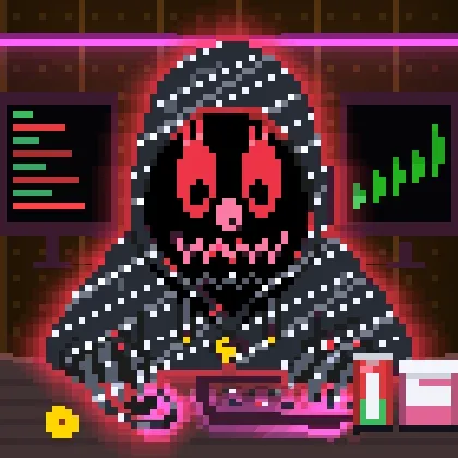 Pixel art depicting a hooded grim reaper figure with glowing red eyes typing on a keyboard in a dark room with computer monitors displaying charts.