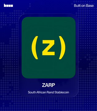 A dark blue crypto-style graphic shows a green square token marked “(Z)” labeled “ZARP” and “South African Rand Stablecoin,” with “Built on Base” in the top-right corner.