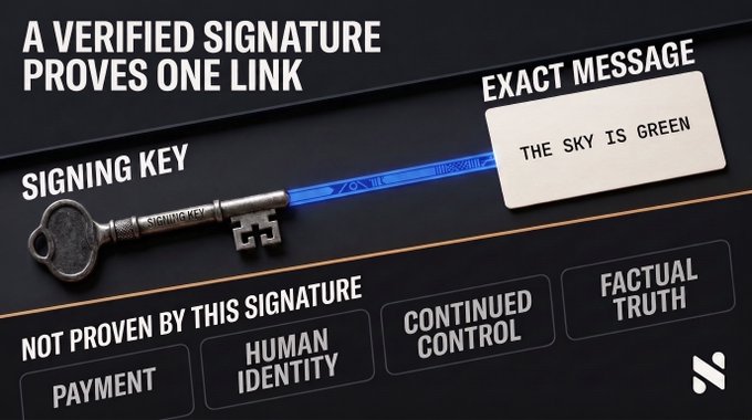 The image explains digital signatures, showing a "Signing Key" unlocking an "Exact Message" reading "The Sky is Green," with text emphasizing that a verified signature only proves the message—not payment, human identity, continued control, or factual truth. This relates to $bells by highlighting the common misconception that signing a transaction confirms more than just the message itself.