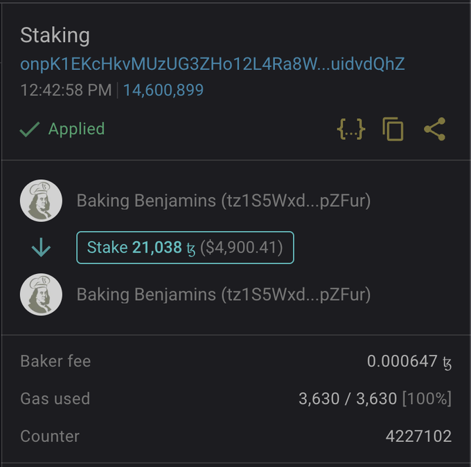 A screenshot of a successful staking transaction on the Tezos blockchain, showing the user's wallet address beginning with "tz1" delegating 24 XTZ (worth approximately $120) to the "baking.tez" validator. The transaction details confirm the delegation was completed on the Tezos network, aligning with the user's post about staking XTZ and delegating to baking.tez.