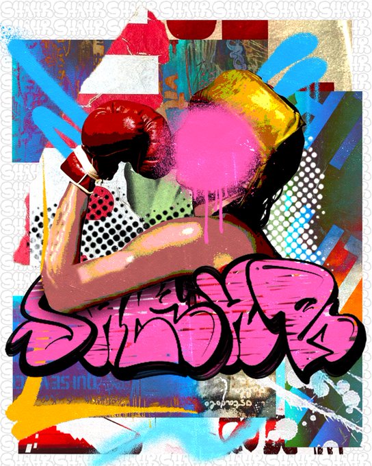 Vibrant street art-style graffiti art depicting two boxers in mid-match, one wearing red and the other yellow gloves, with pink spray paint and stylized lettering.