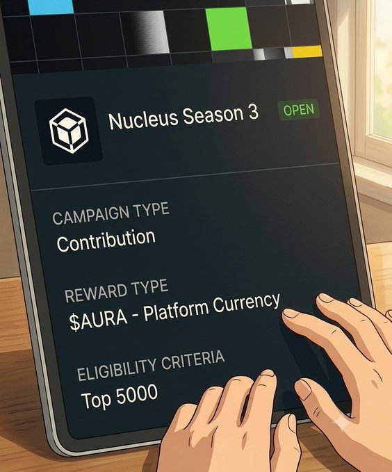 A tablet screen displays a 'Nucleus Season 3' campaign page marked 'OPEN' with Campaign Type 'Contribution', Reward Type '$AURA - Platform Currency', and Eligibility Criteria 'Top 5000', shown alongside a pair of hands.