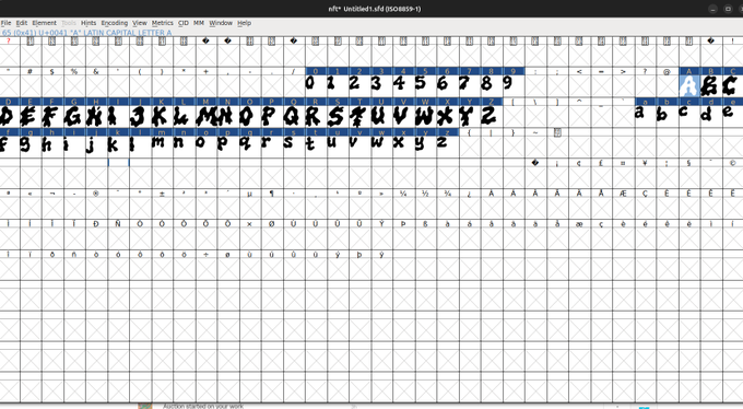 A font editor interface showing a character map preview of the 'Undefined_r4' (SCOURGERS 1) font, displaying the alphabet and numbers in a bold, angular style.