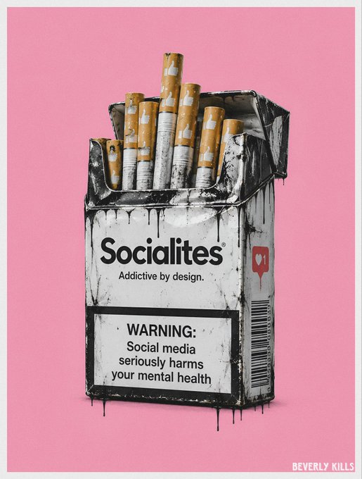 A distressed cigarette pack labeled "Socialites - Addictive by design" with a warning that "Social media seriously harms your mental health" sits against a pink background, signed "Beverly Kills." The artwork visually amplifies the post's message about raising funds for the artist's daughter, framing social media as a harmful addiction while promoting the upcoming SuperRare drop of unreleased 1/1s reserved at 0.2 ETH.