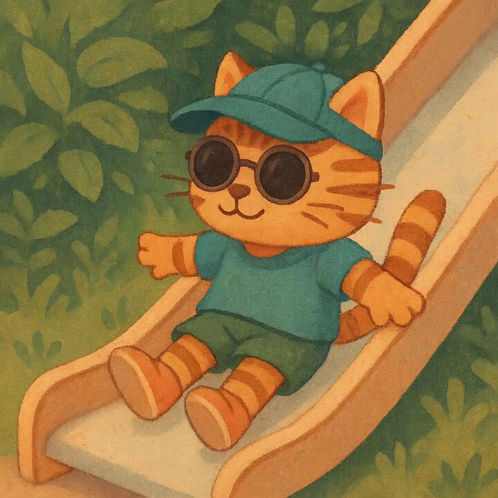 The image features a cartoon cat wearing sunglasses, a blue shirt, and green shorts sitting on a wooden slide or ramp. The cat appears to be enjoying its time on the slide, possibly during autumn when the days are shorter and cooler.