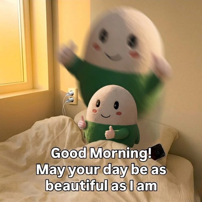 A plush egg character in a green shirt gives a thumbs-up while a larger, blurred version waves behind it, with the text 'Good Morning! May your day be as beautiful as I am' overlaid.
