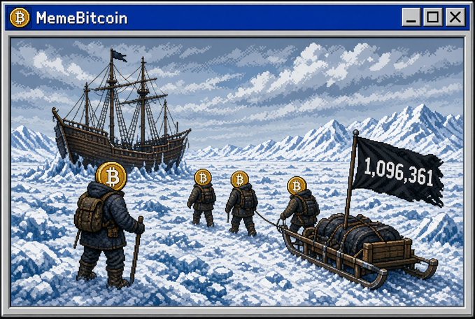 A pixel-art meme titled 'MemeBitcoin' styled as a retro Windows window, showing figures with Bitcoin logos as heads trekking across a frozen landscape toward a ship, with a flag marking '1,096,361'.