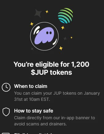 A notification from Phantom wallet reads "You're eligible for 1,200 $JUP tokens," with instructions to claim on January 31st at 10am EST via the in-app banner to avoid scams. The image relates to the post by showcasing Phantom's Jupiter (JUP) airdrop banner, highlighting why users need a reliable airdrop tracker to stay prepared for future opportunities.