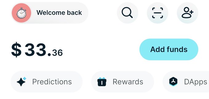 The image features a digital message that reads "Welcome back! Add funds" and includes a quote from a DApp named @QwertiAI x BitgetWallet. It suggests installing the app, creating an account, and starting the campaign. The background of the message is a light brown color, with white text and logos for $33.36 and $35.36 respectively.