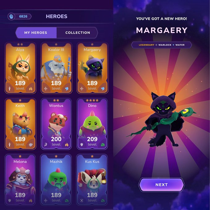 A video game interface displays a list of heroes and their abilities, with the hero Margareth standing on a pedestal holding a staff against a purple sky backdrop.