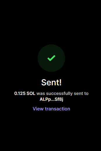 A confirmation screen displaying a successful transaction of 0.125 SOL sent to "ALPp...Sf8j," with a "View transaction" link, celebrating the wallet rewards for active community members.