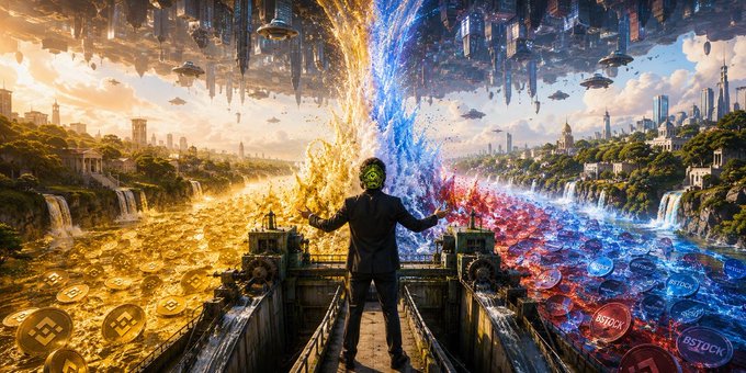 A figure stands between two contrasting realms—one cascading with gold coins and the other with red "BSTOCK" tokens—beneath a mirrored futuristic cityscape, symbolizing the convergence of BNB liquidity and BStock on-chain trading as $GPU channels meme-driven attention into real volume.