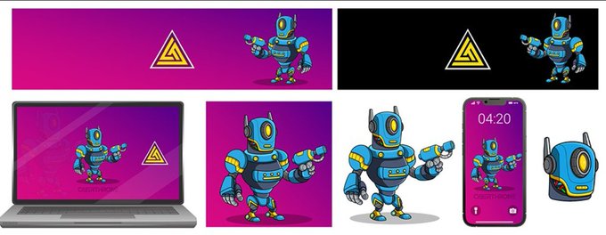 A digital art template showing a cartoon blue and yellow robot character displayed across multiple mockup devices including banners, laptop, square format, standalone character, and a smartphone screen reading 04:20.