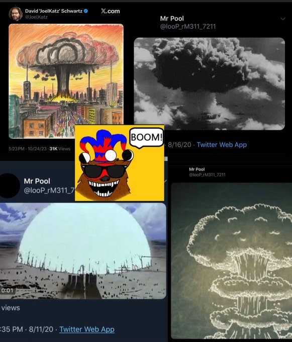 A collage of Twitter/X posts from users "JoelKatz" and "Mr Pool (@looP_rM311_7211)" showing various mushroom cloud images, with a central clown graphic shouting "BOOM!" — suggesting the cloud-shaped hint has revealed a punchline or explosive revelation.