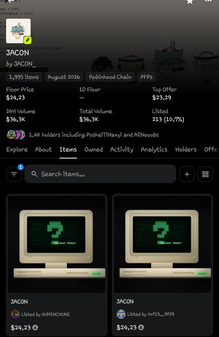 NFT marketplace page for the JACON collection on Roblox/PFPs with 1,995 items, floor price of $24.23, total volume of 36.3K, and 1.4K holders.