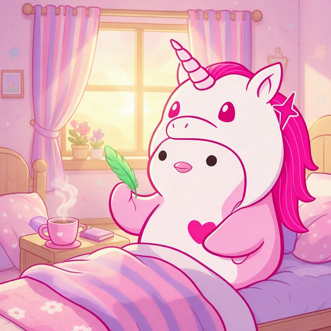 A pastel cartoon unicorn with a pink mane sits in bed holding a green feather, with a steaming cup of tea and a book on the bedside table.