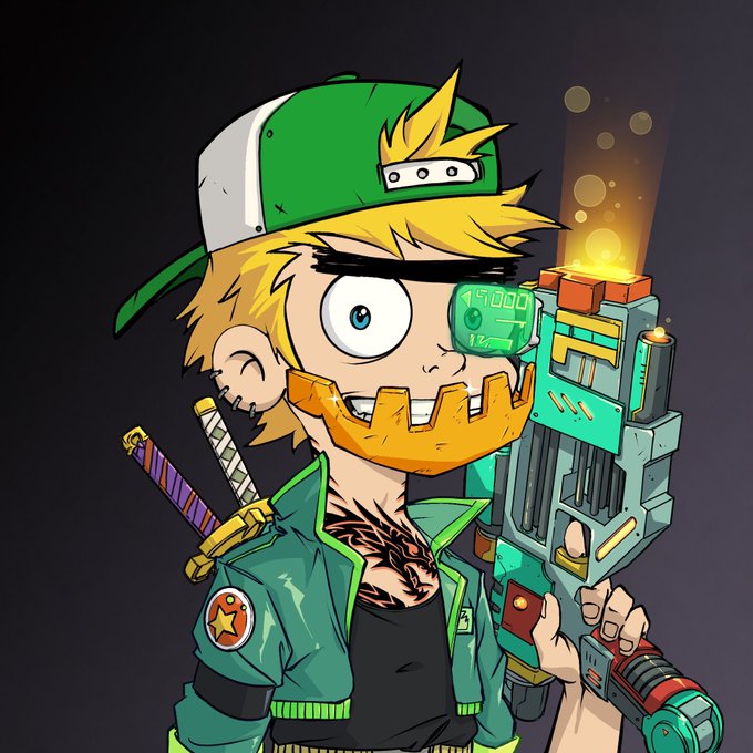 A cartoon-style illustration of a blonde anime character with one eye closed, wearing a green jacket and backwards cap, wielding a large futuristic gun with glowing elements and swords on his back.