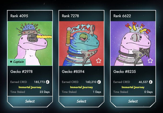 A digital collectibles interface showing three ranked cartoon gecko NFT characters (Gecko #2978, #8594, #8235) with their earned CRED and 'Immortal Journey' time staked.