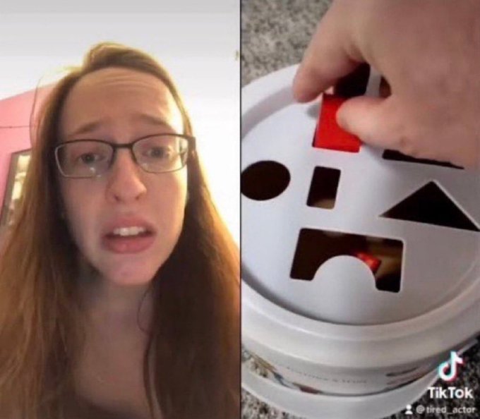 A TikTok video split-screen featuring a crying woman on the left and a hand pressing a red fire alarm on the right, with the username @tired_actor.