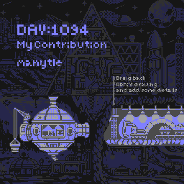 A pixel art scene with blue text reading 'DAY:1034 My Contribution: many.tle' showing a UFO-like ship and industrial structures, with notes saying 'Bring brick', 'Layering ground', and 'add some details'.