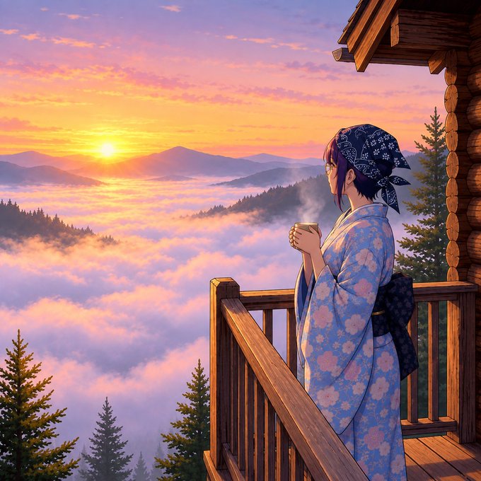 An anime-style illustration of a girl with short purple hair wearing a blue floral yukata and bandana, drinking tea from a cup while standing on a wooden balcony overlooking a sea of clouds at sunset.
