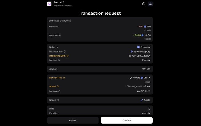 A MetaMask transaction request screen showing a swap of 0.01 ETH (~$20.80) for 20.84 USDC on Ethereum via app.uniswap.org, with a network fee of 0.0018 ETH (~$3.75). This illustrates the high gas costs on Uniswap that the post compares unfavorably to zSwap's much cheaper $0.05 fee.
