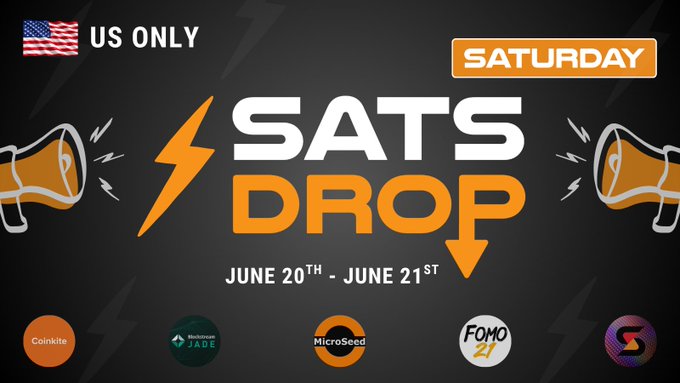 The image features an advertisement for Sats Drop Saturday featuring two megaphones with thunderbolts behind them, each labeled with a Bitcoin symbol. The text "SatsDrop Saturday" is prominently displayed below these symbols, while an advertisement for other cryptocurrency platforms can be seen in the background. It seems that the poster encourages people to participate in Sats Drop and share their experience on social media using the provided hashtag ( "#SatSwip #SatsDown", which is relevant due to its connection with Bitcoin).