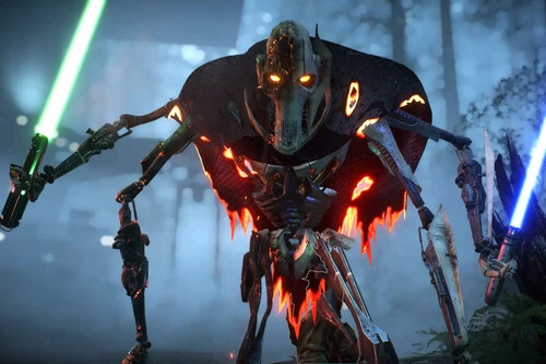 General Grievous, the skeletal cyborg from Star Wars, stands menacingly while holding glowing green and blue lightsabers amid a dark, battle-damaged forest.