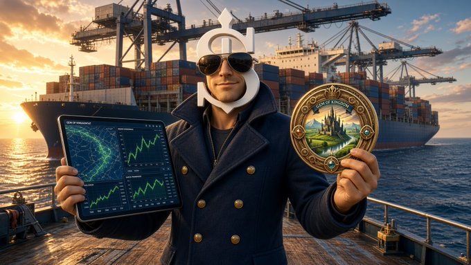 A surreal AI-generated image of a man in sunglasses and a naval-style coat standing on a dock, holding a tablet showing charts and a golden medallion with 'CITY OF KINGS' text, with a container ship in the background.