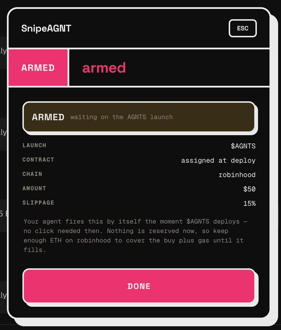 A 'SnipeAGNT' interface modal showing an 'armed' status, waiting for the $AGNTS token launch on the robinhood chain with a $50 amount and 15% slippage tolerance.