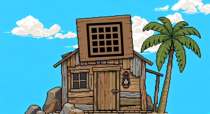 A pixel-art beach shack with palm trees and a lantern appears alongside a giveaway announcement for whitelist spots to the @bitbeachclub HoodBlockz NFT drop. The tropical hut imagery aligns with the "bitbeachclub" branding, setting a thematic tone for the upcoming Monday release on OpenSea.