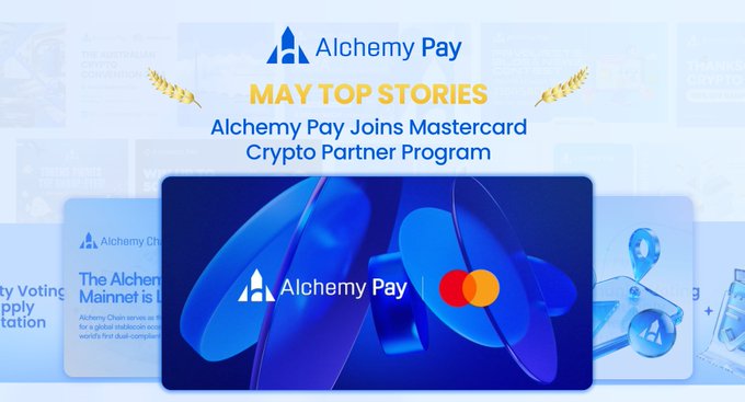 The image features a blue rectangle with white text that reads "Alchemy Pay May Top Stories AlchemayPay may top stories alchemaypay.com". The background of the image has a light blue color, which complements the white text on the blue rectangle. There are also some images in the background, including one of a coin and another of a bottle.