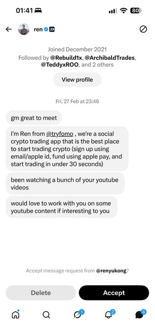 A direct message screenshot from 'ren' introducing himself as from @tryfomo, a social crypto trading app, and asking to collaborate on YouTube content, with a prompt to 'Accept message request from @renyukong?'