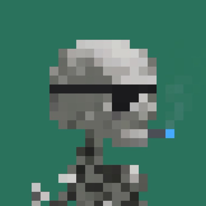 A pixel art illustration of a person wearing a dark helmet or mask smoking a cigarette with visible smoke, set against a green background.